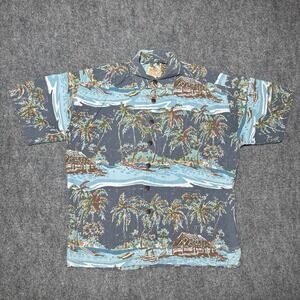 Kahala John Severson Sz S Blue Palms Button‎ Up Hawaiian Palms Island AOP Rayon